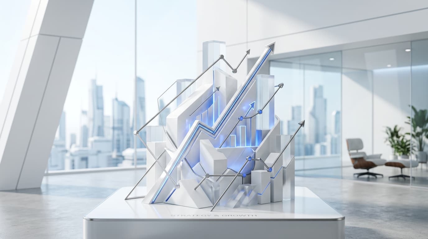 White porcelain 3D sculpture of financial growth vectors and precision metrics
