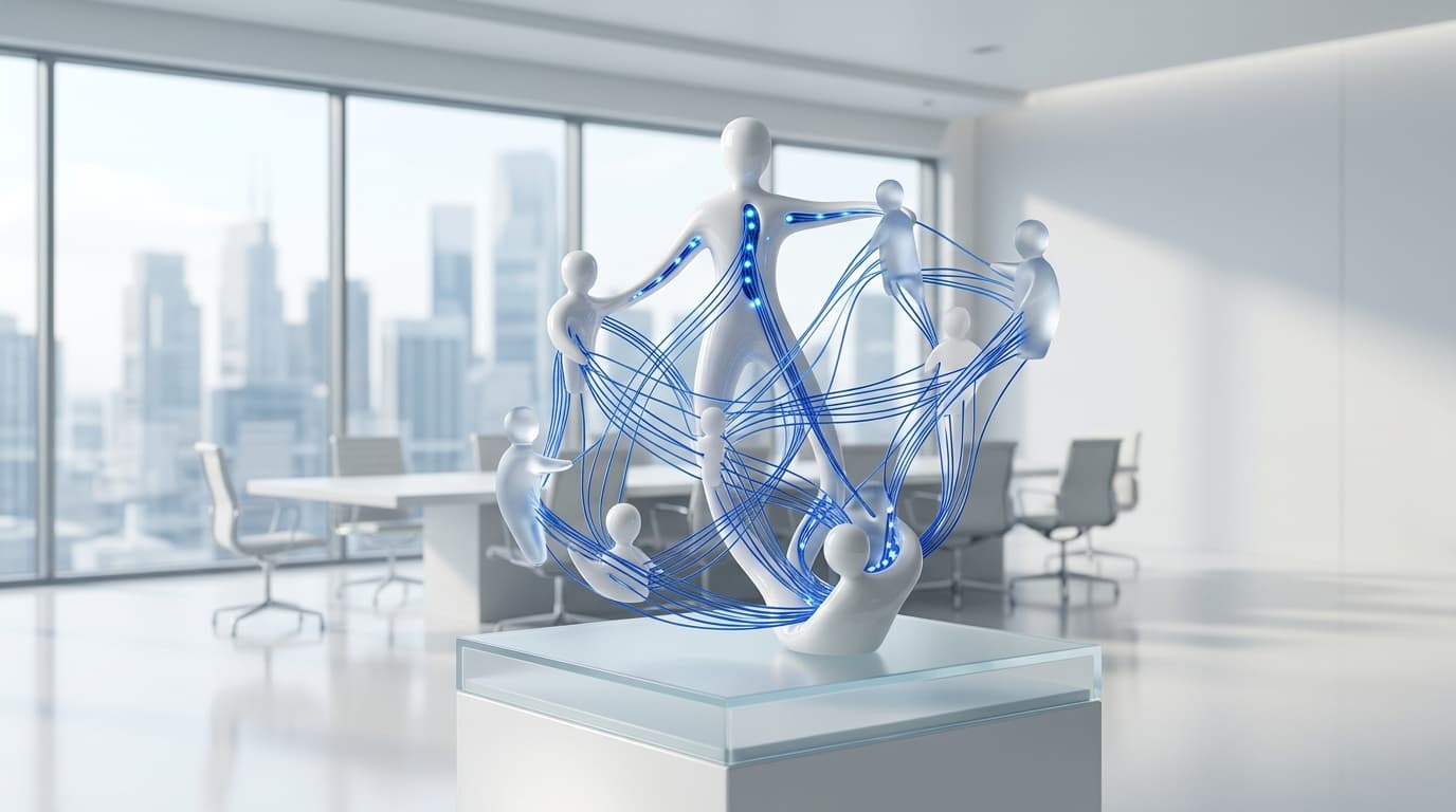 Human nodes connected in matte white ceramic with cobalt blue conductive threads